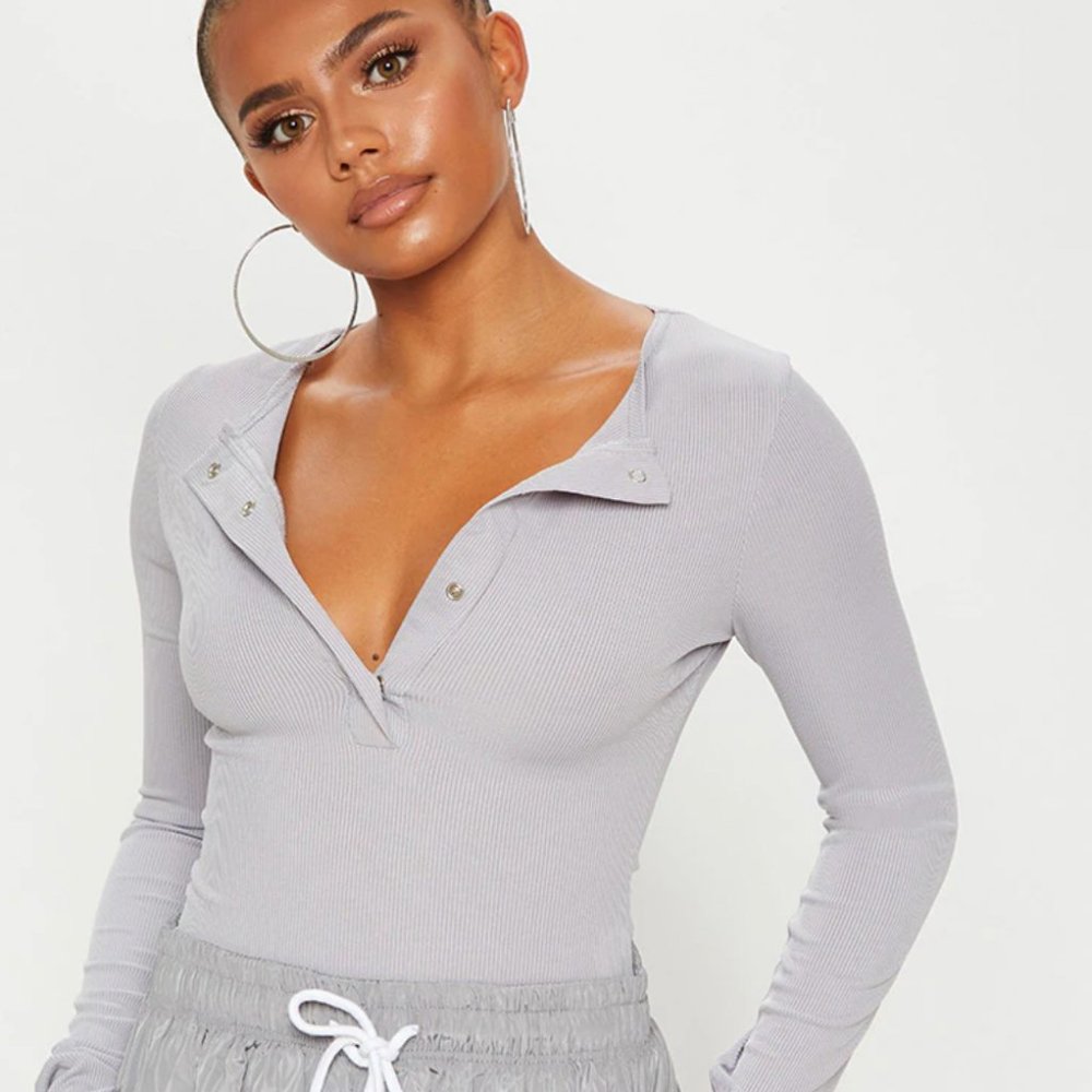 Grey Marl Long Sleeve Rib Popper Bodysuit